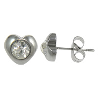 Stainless Steel Stud Earrings, Heart, with rhinestone, original color, 8x7mm, 100Pairs/Lot, Sold By Lot