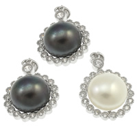 Pendentifs perles d'eau douce, argent sterling 925, avec perle, fleur, naturel, pavé de micro zircon, plus de couleurs à choisir, 11-12mm, 16.5x26x11mm, Trou:Environ 3mm, Vendu par PC