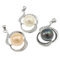Gėlo vandens perlų pakabučiai, 925 Sterling Silver, su perlas, Gėlė, natūralus, mikro nutiesti kubinių Zirconia, daugiau spalvų pasirinkimas, 11-12mm, 18x30x10mm, Skylė:Apytiksliai 2.5mm, Pardavė PC