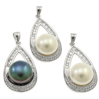 Freshwater Pearl Pendants 925 Sterling Silver with pearl Teardrop natural micro pave cubic zirconia 11-12mm Approx Sold By PC