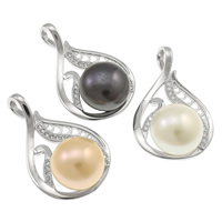 Gėlo vandens perlų pakabučiai, 925 Sterling Silver, su perlas, Ašara, natūralus, mikro nutiesti kubinių Zirconia, daugiau spalvų pasirinkimas, 11-12mm, 17x28.5x10mm, Skylė:Apytiksliai 4x4.5mm, Pardavė PC