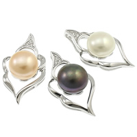 Pendentifs perles d'eau douce, argent sterling 925, avec perle, feuille, naturel, pavé de micro zircon, plus de couleurs à choisir, 11-12mm, 16x30.5x10.5mm, Trou:Environ 2.5x7mm, Vendu par PC