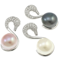 Pendentifs perles d'eau douce, argent sterling 925, avec perle, cygne, naturel, pavé de micro zircon, plus de couleurs à choisir, 11-12mm, 12.5x27x10mm, Trou:Environ 2x4mm, Vendu par PC