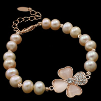Freshwater Cultured Pearl Bracelet Freshwater Pearl with Cats Eye brass lobster clasp with 6cm extender chain Four Leaf Clover natural with rhinestone white 7-8mm Sold Per Approx 7.5 Inch Strand
