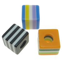 Perles de résine rayé, cube, strie, couleurs mélangées, 8x8mm, Trou:Environ 4mm, 1000PC/sac, Vendu par sac