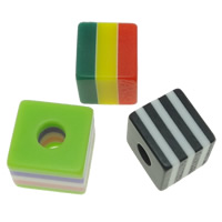 Stribede harpiksperler, Resin, Cube, blandede farver, 10x9x10mm, Hole:Ca. 3mm, 1000pc'er/Bag, Solgt af Bag