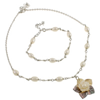 Brass Jewelry Set bracelet & necklace with pearl & Freshwater Shell & Black Shell with 5cm extender chain Flower platinum color plated nickel lead & cadmium free 7-8mm Length Approx 17 Inch Approx 7.5 Inch Sold By Set