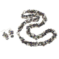 Пресноводные жемчуги модный ювелирный набор, серьги & ожерелье, с Кристаллы, латунь раскладывающейся застежкой, латунь крюк, Потрясённый, разноцветная плакировка, разноцветный, 7-11mm, 6-8mm, длина Приблизительно 26.5 дюймовый, продается указан