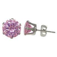 Stainless Steel Stud Earrings, with cubic zirconia, original color, 8x8x7mm, 50Pairs/Lot, Sold By Lot