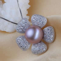 Freshwater Pearl Pendants with Brass Flower natural with rhinestone purple pink 10-11mm Approx 1-2mm Sold By Lot