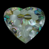 Naturlig Abalone Shell Pendler, Heart, mosaik, 34x33x4mm, Hole:Ca. 1mm, 10pc'er/Lot, Solgt af Lot