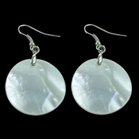 White Shell Drop Earring brass earring hook Flat Round platinum color plated nickel lead & cadmium free 44mm Sold By Lot