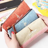 Cotton Fabric Pencil Bag with Leather & Iron with letter pattern & mixed Sold By Bag