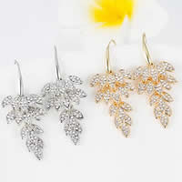 Zinc Alloy Drop Earring brass earring hook Leaf plated with rhinestone mixed colors nickel lead & cadmium free 32mm Sold By Bag
