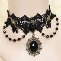 Gothic Necklace Lace with Satin Ribbon & Crystal & Resin & Zinc Alloy with 2.5Inch extender chain Flower antique bronze color plated faceted black nickel lead & cadmium free 44mm Sold Per Approx 12 Inch Strand
