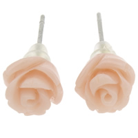 Synthetische Coral Stud Earring, met plastic earnut, messing oorbel bericht, Bloem, gelaagde, lichtroze, 9x9mm, 24paren/Lot, Verkocht door Lot