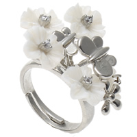 Shell Finger Rings Brass with White Shell Flower platinum color plated adjustable & with rhinestone nickel lead & cadmium free Approx 1mm US Ring .5 Sold By Bag