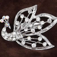 Zinc Alloy Brooches Peacock platinum color plated with rhinestone clear nickel lead & cadmium free Sold By Bag