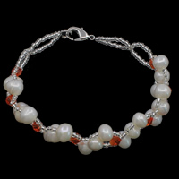 Sötvatten odlade Pearl Bracelet, Freshwater Pearl, med Kristall & Glass Seed Beads, mässing Karbinlås, Potatis, naturlig, fasetterad, vit, 4mm, 6-7mm, Såld Per Ca 7.5 inch Strand