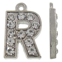 Zinklegering alfabet hangers, Zinc Alloy, Letter R, platinum plated, met strass, nikkel, lood en cadmium vrij, 11.50x18x2mm, Gat:Ca 1mm, 100pC's/Bag, Verkocht door Bag