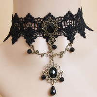 Gothic Necklace Lace with Crystal & Resin & Zinc Alloy with 2.5Inch extender chain Flower antique bronze color plated faceted black nickel lead & cadmium free 38mm Sold Per Approx 12 Inch Strand