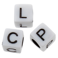 Alphabet Akril gyöngyök, Kocka, vegyes minta & egyszínű, fehér, 6x6mm, Lyuk:Kb 3mm, Kb 3300PC-k/Bag, Által értékesített Bag