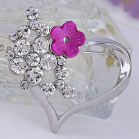Rhinestone Brooch Zinc Alloy with Shell Heart silver color plated with rhinestone nickel lead & cadmium free Sold By Lot