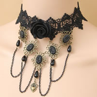 Gothic Necklace Lace with brass chain & Cotton & Resin & Zinc Alloy with 2.5Inch extender chain Flower plated with plastic pearl black nickel lead & cadmium free 40mm Sold Per Approx 12 Inch Strand