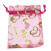 Organza Drawstring Pouches with heart pattern & gold accent fuchsia Sold By Lot