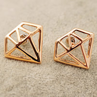 Zinc Alloy Stud Earring stainless steel post pin Diamond Shape gold color plated hollow nickel lead & cadmium free Sold By Bag