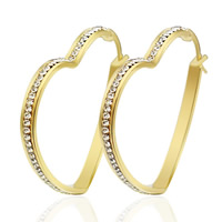 Titanium Steel Hoop Earring Heart gold color plated with rhinestone Sold By Bag