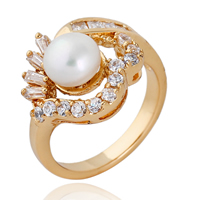 Gets® finger ring, Mässing, med Glass Pearl, 18K guldpläterad, olika storlek för val & med cubic zirconia & fasetterad, nickel, bly och kadmium gratis, 15mm, Säljs av PC