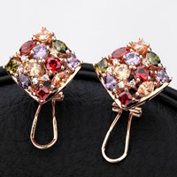 Brass Stud Earring Rhombus real rose gold plated with cubic zirconia & faceted multi-colored nickel lead & cadmium free Sold By Pair