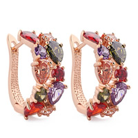 Brass Earring real rose gold plated with cubic zirconia & faceted multi-colored nickel lead & cadmium free Sold By Pair