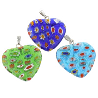 Millefiori Glas hängande smycken, med Järn, Hjärta, handgjord, blandade färger, 18x4mm, Hål:Ca 1x5mm, 10PC/Bag, Säljs av Bag
