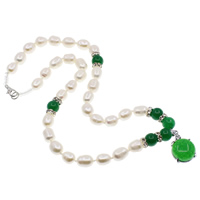 Natural Freshwater Pearl Necklace with Jade & Glass Seed Beads & Brass Rice with rhinestone white 8mm 8-9mm Sold Per Approx 15 Inch Strand