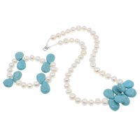 Natural Cultured Freshwater Pearl Jewelry Sets, bracelet & necklace, with turquoise & Glass Seed Beads, brass lobster clasp, Potato, white, 13x18x7mm, 9-10mm, Length:Approx 6.5 Inch, Approx 15.5 Inch, Sold By Set