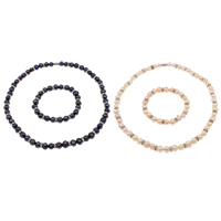 Natural Cultured Freshwater Pearl Jewelry Sets, bracelet & necklace, with rhinestone brass spacer, brass magnetic clasp, Potato, more colors for choice, 9-10mm, 3x7mm, Length:Approx 7 Inch, Approx 18 Inch, Sold By Set