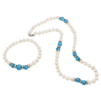 Natural Cultured Freshwater Pearl Jewelry Sets bracelet & necklace with rhinestone brass spacer & turquoise brass lobster clasp Potato white 8mm 9-10mm Length Approx 6.5 Inch Approx 16.5 Inch Sold By Set