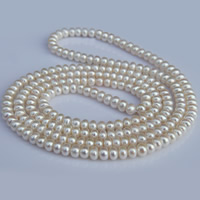 Collar largo de perlas de agua dulce natural, Perlas cultivadas de agua dulce, Botón, longitud diferente para la opción, Blanco, 7-8mm, Vendido por Sarta