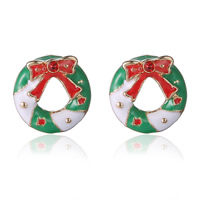 Christmas Earrings Zinc Alloy with plastic earnut stainless steel post pin Christmas Wreath gold color plated Christmas jewelry & enamel & with rhinestone nickel lead & cadmium free Sold By Bag