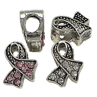 Zinc Alloy European Beads Awareness Ribbon antique silver color plated without troll & with rhinestone nickel lead & cadmium free Approx 5mm Sold By Lot