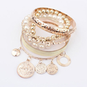 Tibetan Style Bangle Set, with ABS Plastic Pearl, apricot, 1.7cm, Inner Diameter:Approx 80mm, Length:Approx 6.5-8.5 Inch, 6PCs/Set, Sold By Set