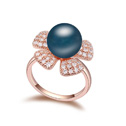 CRYSTALLIZED™ Crystal Pearl Finger Ring Brass with CRYSTALLIZED™ Crystal Pearl Flower real rose gold plated micro pave cubic zirconia dark blue nickel lead & cadmium free 1.8cm US Ring .5 Sold By PC