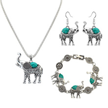 Turquoise Jewelry Sets bracelet & earring & necklace Zinc Alloy with 5cm extender chain Elephant antique silver color plated lead & cadmium free Length Approx 19.69 Inch Sold By Set