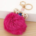Fur Ball Pom Pom Keychain, Tibetan Style, with Rabbit Fur, Crown, gold color plated, with rhinestone, bright rosy red, lead & nickel free, 65mm, Sold Per Approx 2.56 Inch Strand
