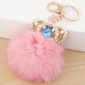 Fur Ball Pom Pom Keychain, Tibetan Style, with Rabbit Fur, Crown, gold color plated, with rhinestone, pink, lead & cadmium free, 65mm, Sold Per Approx 2.56 Inch Strand