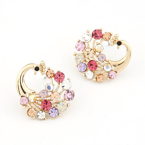 Zinc Alloy Stud Earring Peacock gold color plated with rhinestone multi-colored lead & cadmium free 20mm Sold By Pair