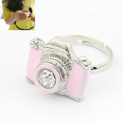 Zinc Alloy Open Finger Ring Camera platinum plated adjustable & enamel pink lead & cadmium free US Ring Sold By PC
