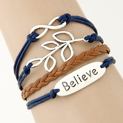 Combined Bracelet Zinc Alloy leaf & motto & infinity with Waxed Linen Cord word believe antique silver color plated  lead & cadmium free 22mm Sold Per Approx 7.09 Inch Strand